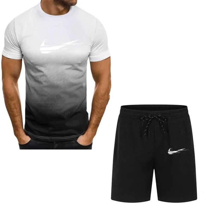 Conjunto de dos piezas para hombre, chandal informal de manga corta con stampado, camiseta y pantalones cortos, ropa